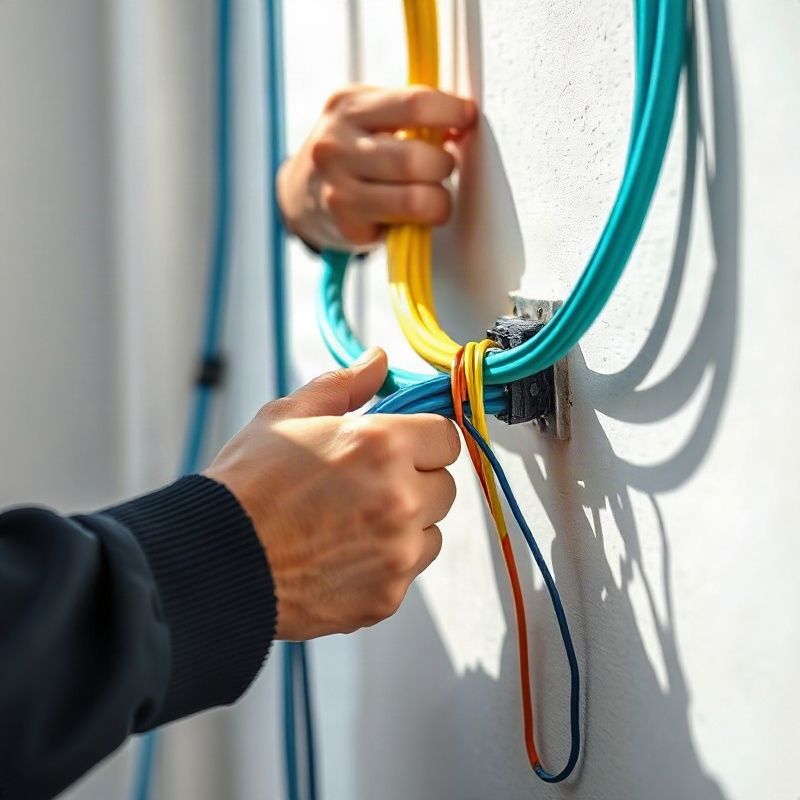 Manos ruteando cables eléctricos por conducto en pared blanca