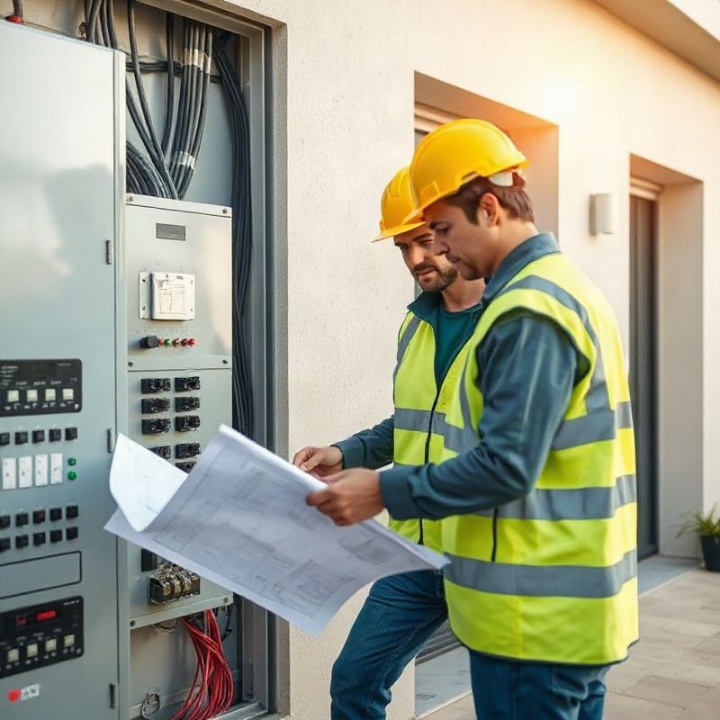 Electricistas certificados revisando planos junto a un tablero moderno en Rivera